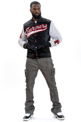F1047 Earners League Satin Varsity Jacket - Black From Makobi Jeans USA