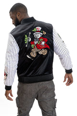 F1047 Earners League Satin Varsity Jacket - Black From Makobi Jeans USA
