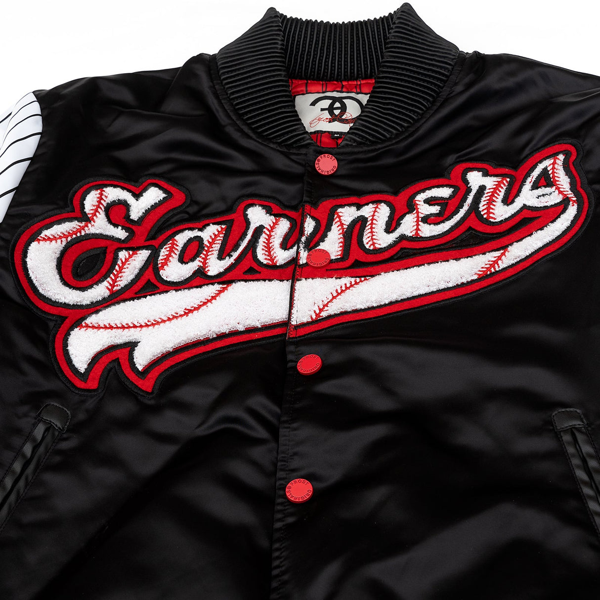 F1047 Earners League Satin Varsity Jacket - Black From Makobi Jeans USA