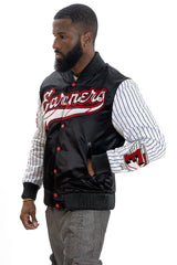 F1047 Earners League Satin Varsity Jacket - Black From Makobi Jeans USA