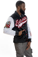 F1047 Earners League Satin Varsity Jacket - Black From Makobi Jeans USA