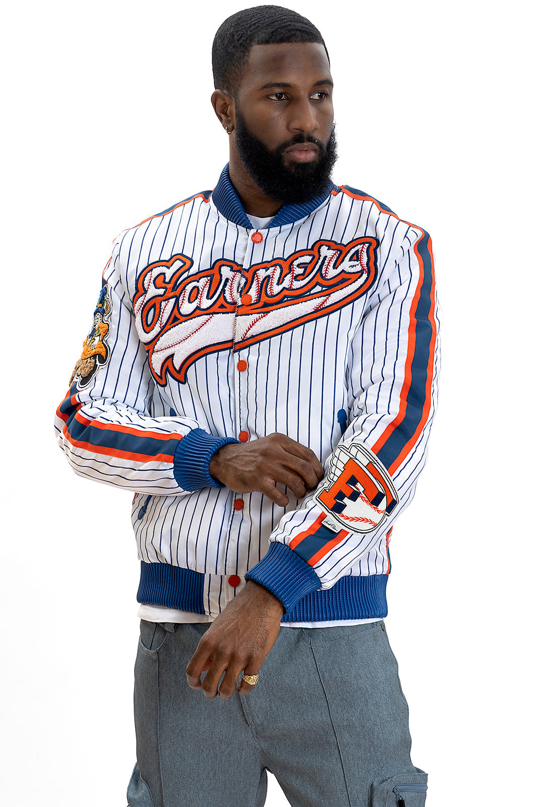 F1047 Earners League Satin Varsity Jacket - White From Makobi Jeans USA