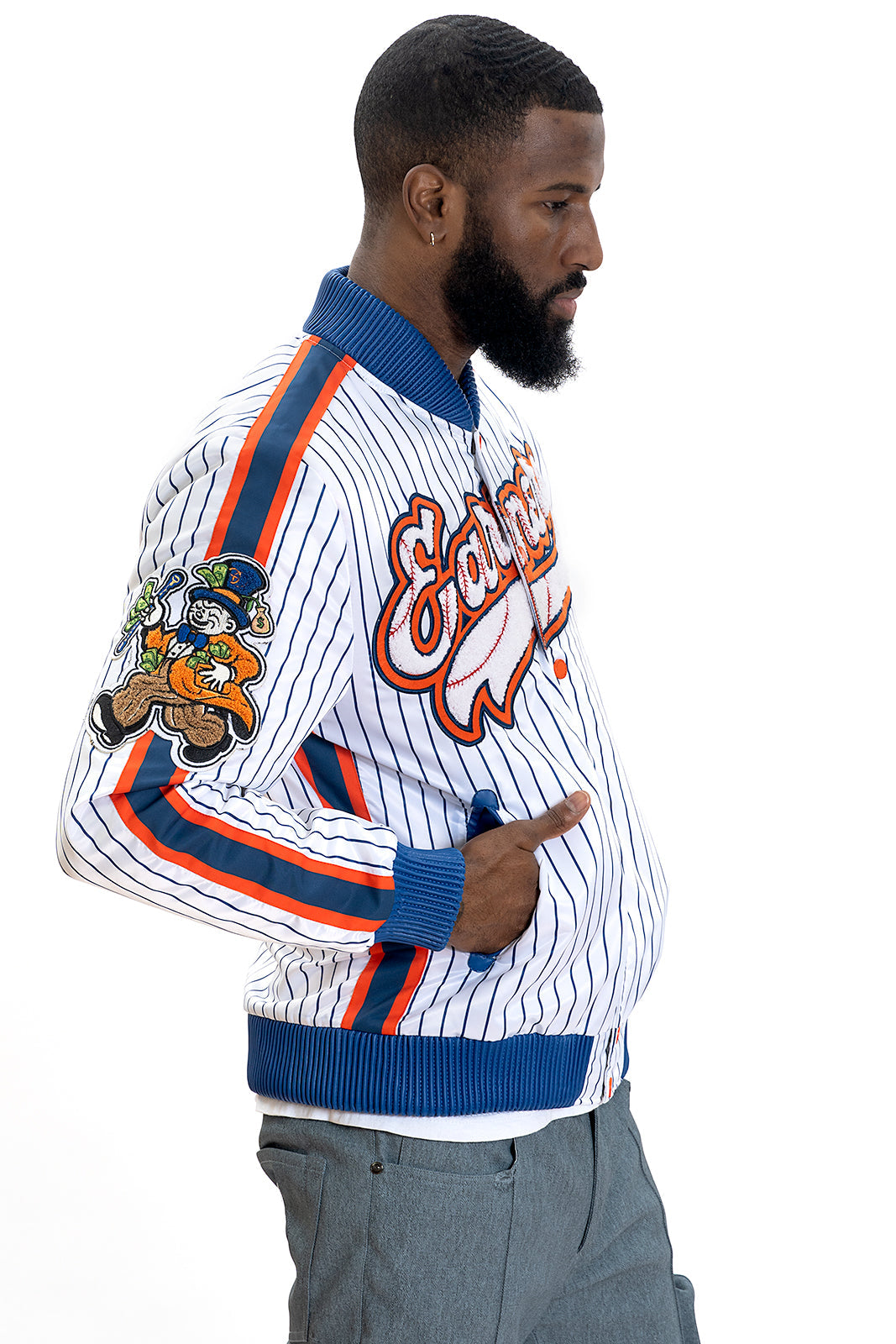 F1047 Earners League Satin Varsity Jacket - White From Makobi Jeans USA