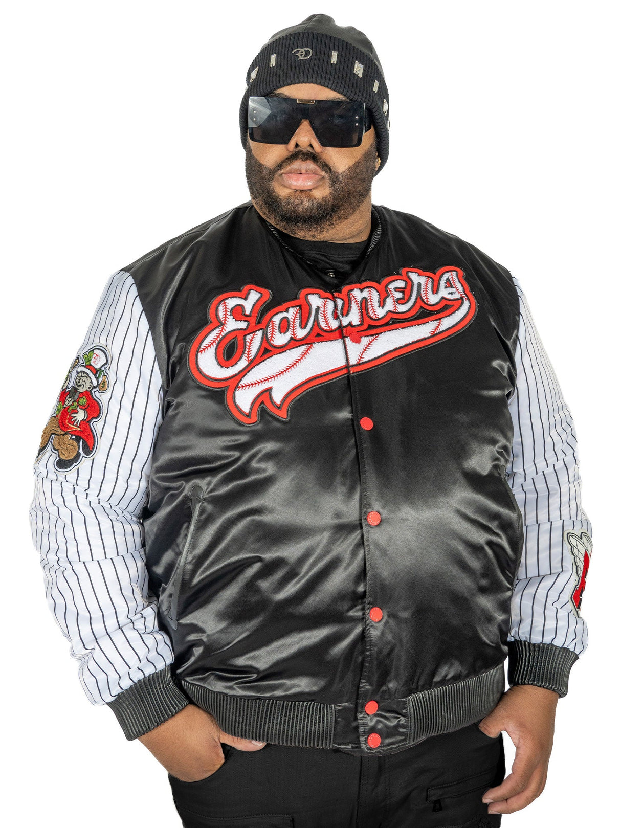 F1047 Earners League Satin Varsity Jacket - Black From Makobi Jeans USA