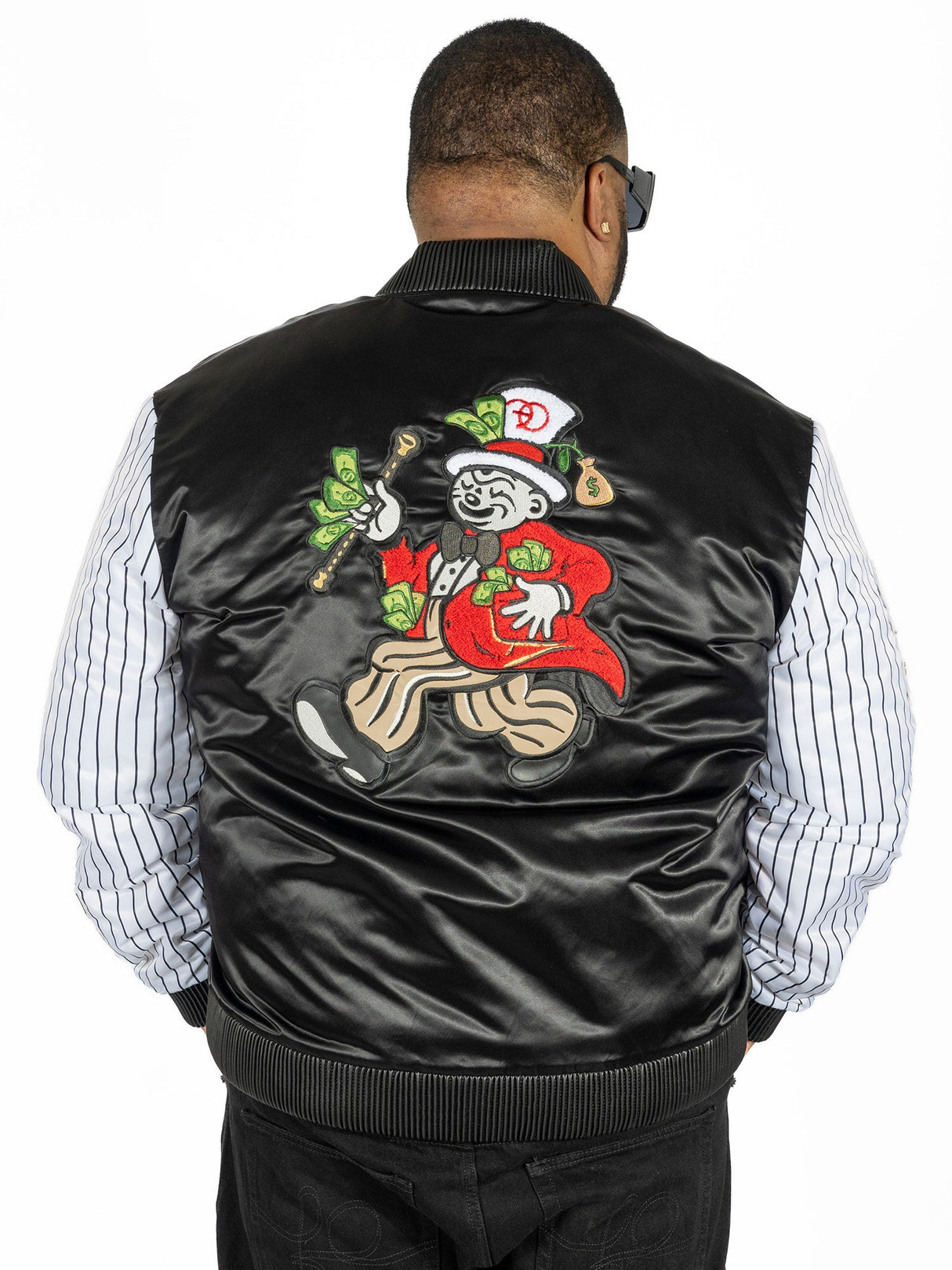F1047 Earners League Satin Varsity Jacket - Black From Makobi Jeans USA