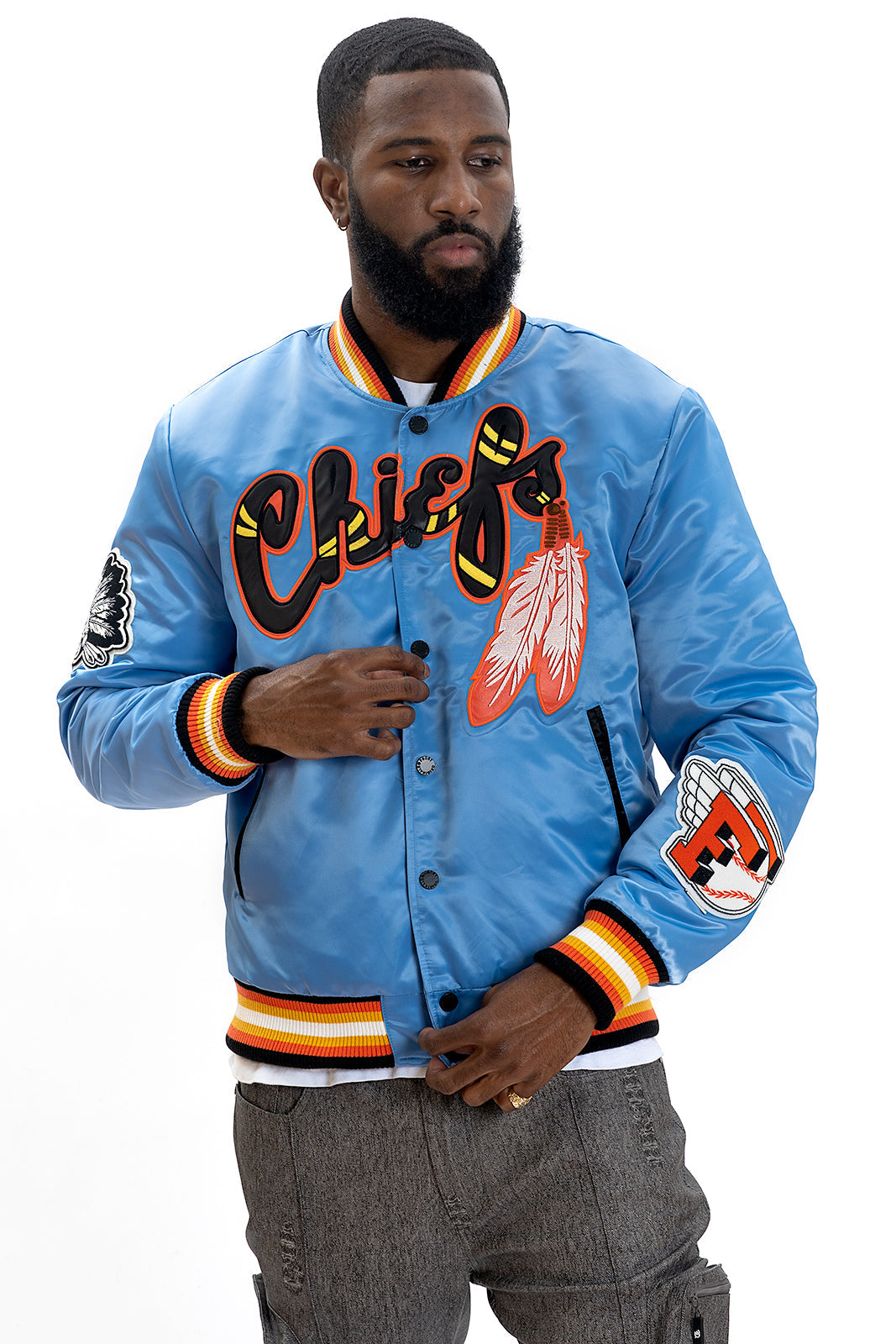 F1057 Chiefs Satin Varsity Jacket - Blue From Makobi Jeans USA