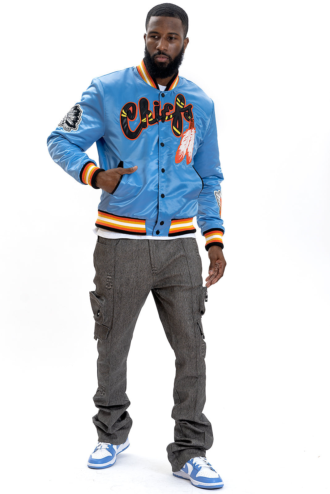 F1057 Chiefs Satin Varsity Jacket - Blue From Makobi Jeans USA