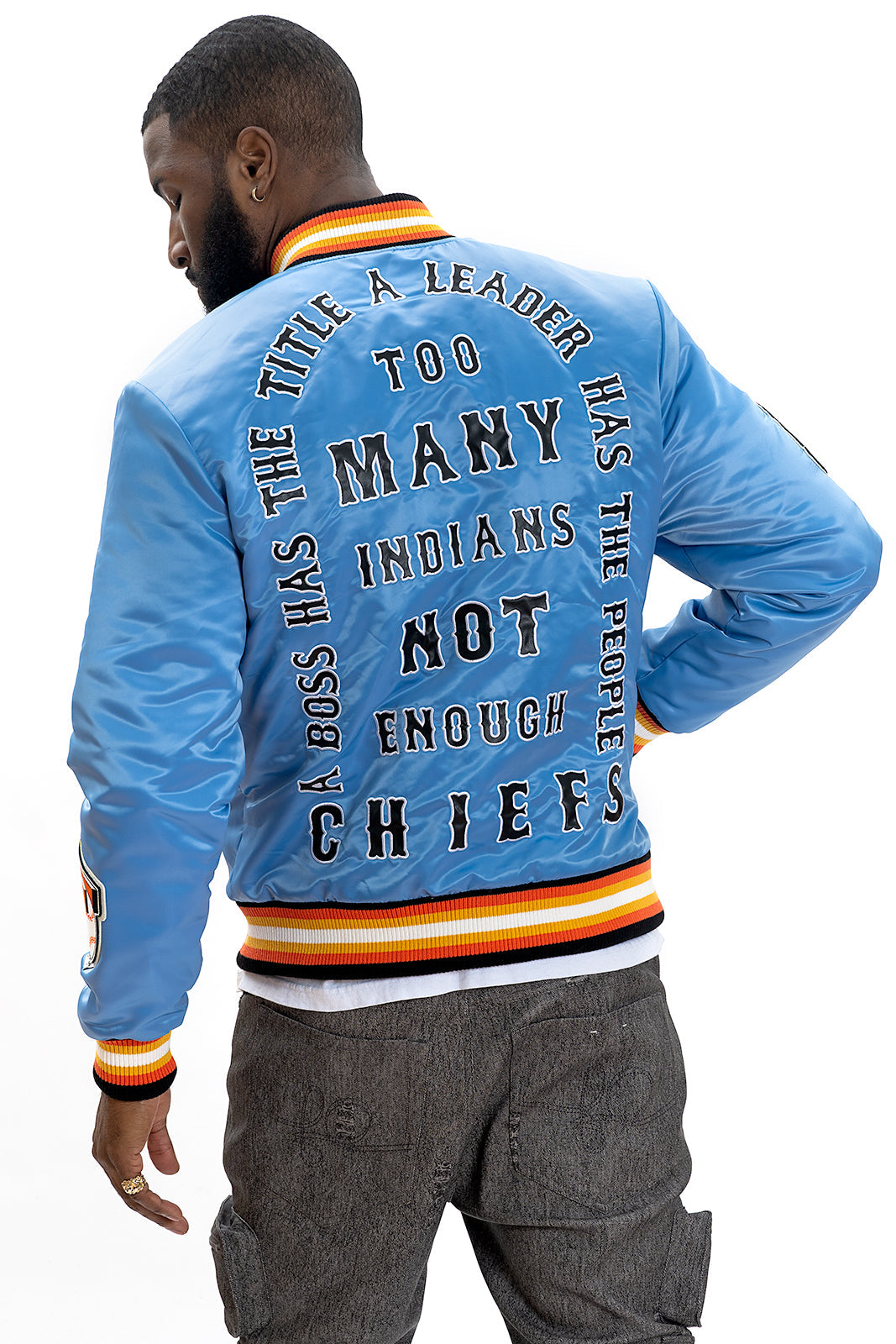 F1057 Chiefs Satin Varsity Jacket - Blue From Makobi Jeans USA