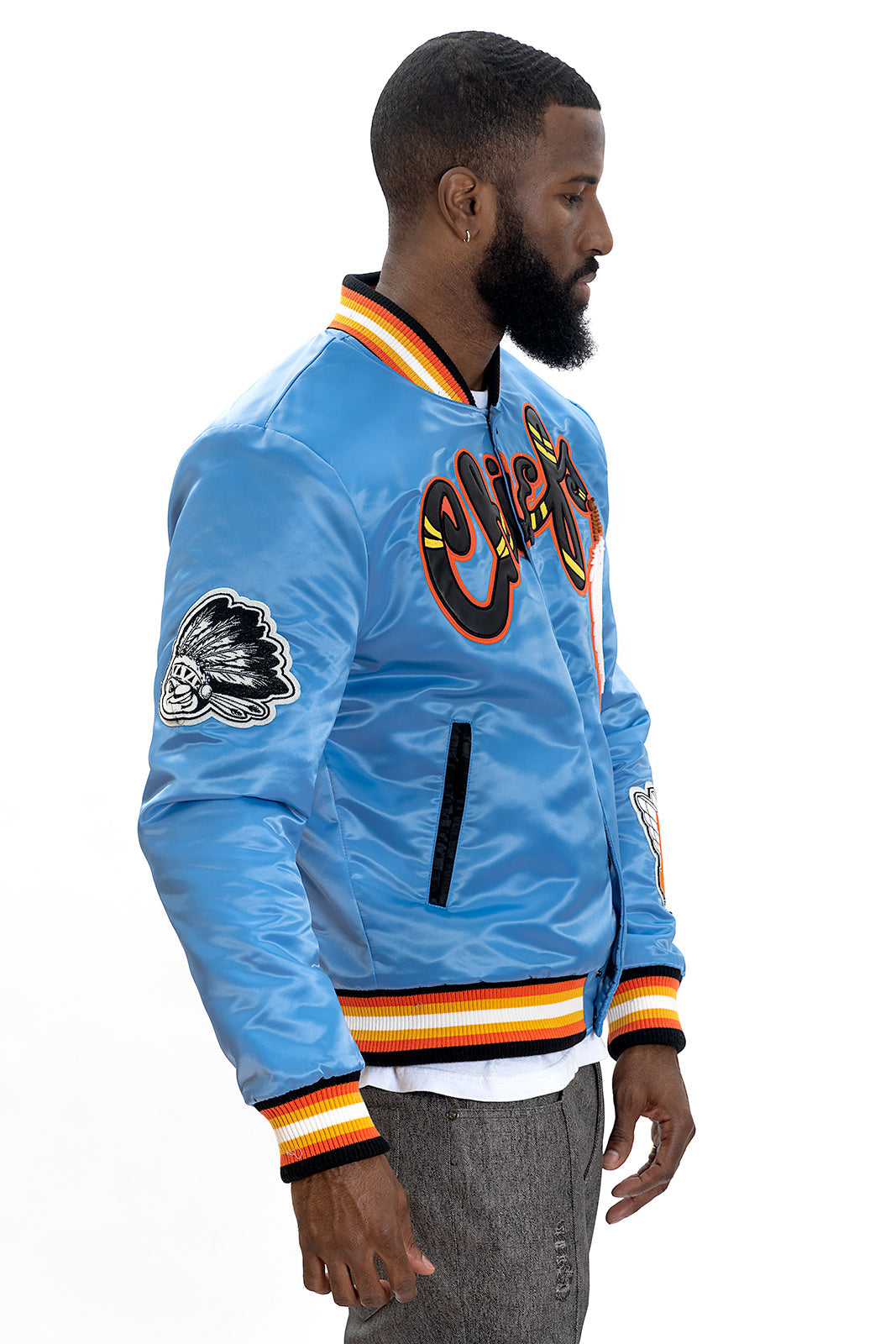 F1057 Chiefs Satin Varsity Jacket - Blue From Makobi Jeans USA