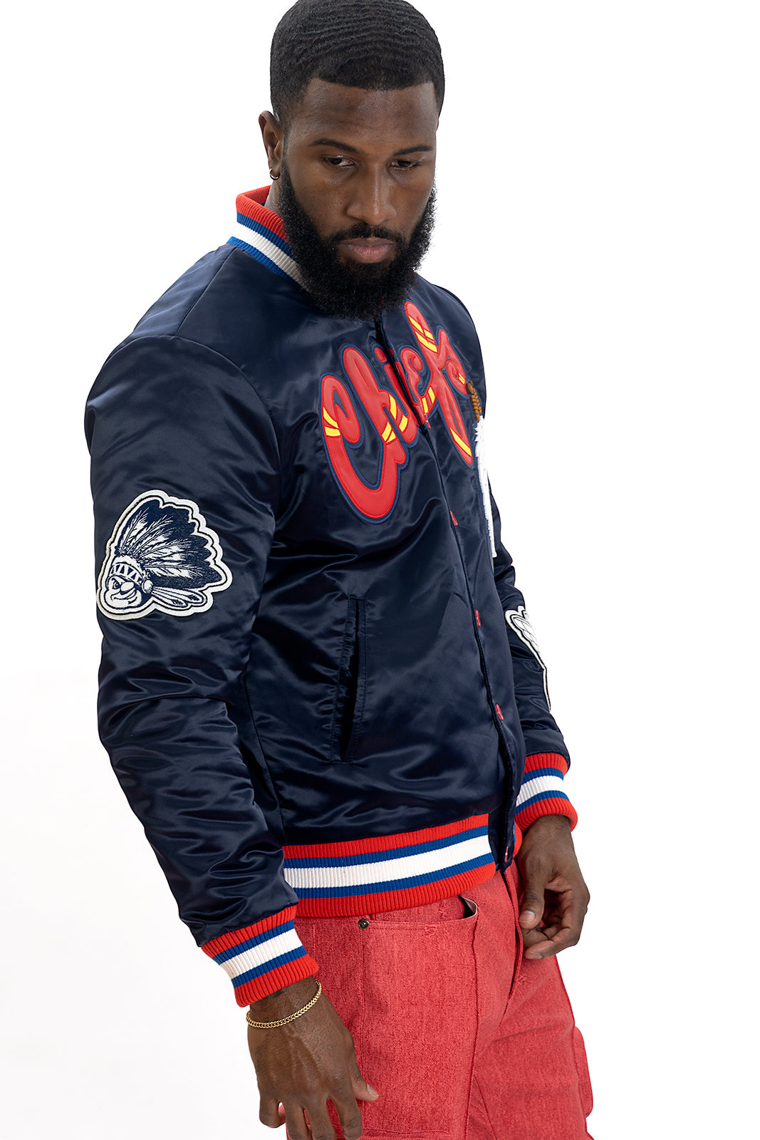 F1057 Chiefs Satin Varsity Jacket - Navy From Makobi Jeans USA