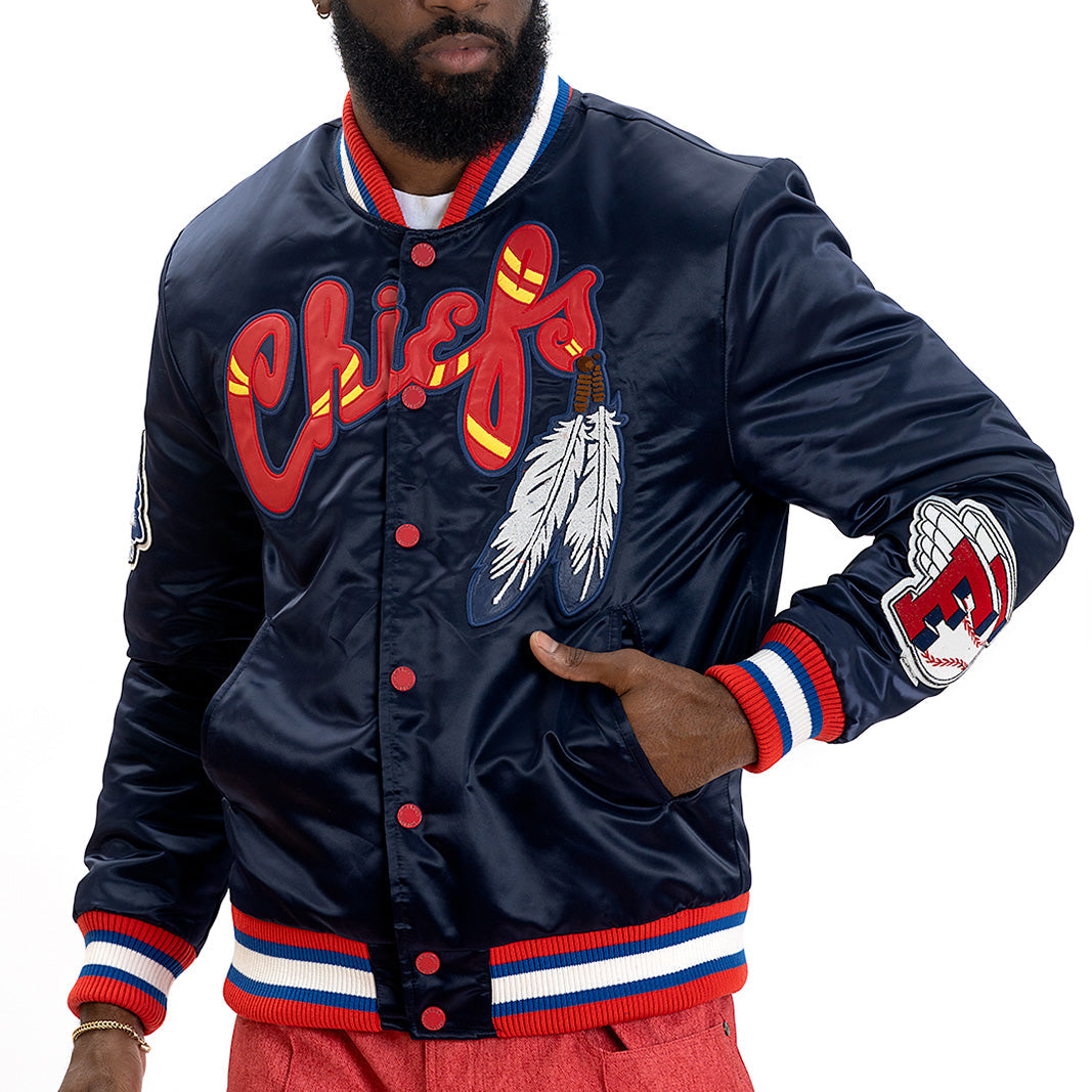 F1057 Chiefs Satin Varsity Jacket - Navy From Makobi Jeans USA