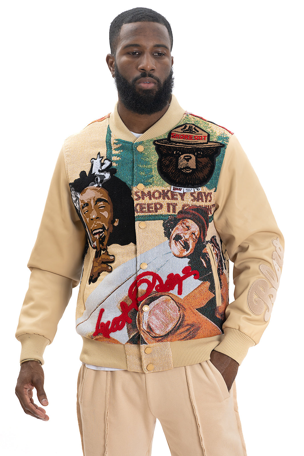 F1059 BLOW Wool Varsity Jacket - Khaki From Makobi Jeans USA