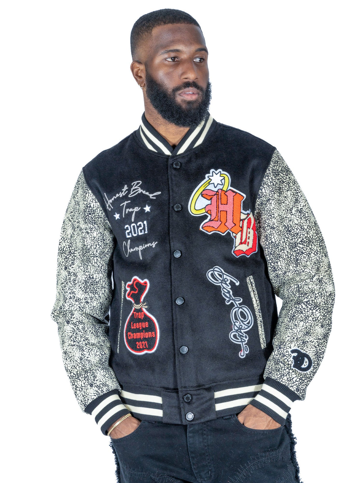 F1080 Honest Bread Wool Varsity Jacket - Black From Makobi Jeans USA