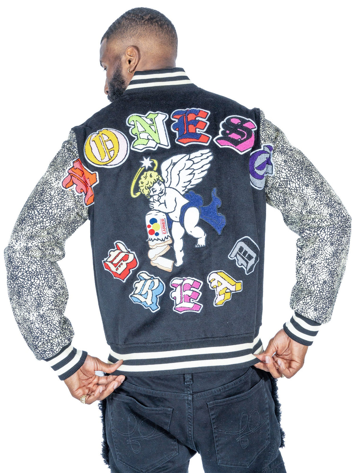 F1080 Honest Bread Wool Varsity Jacket - Black From Makobi Jeans USA