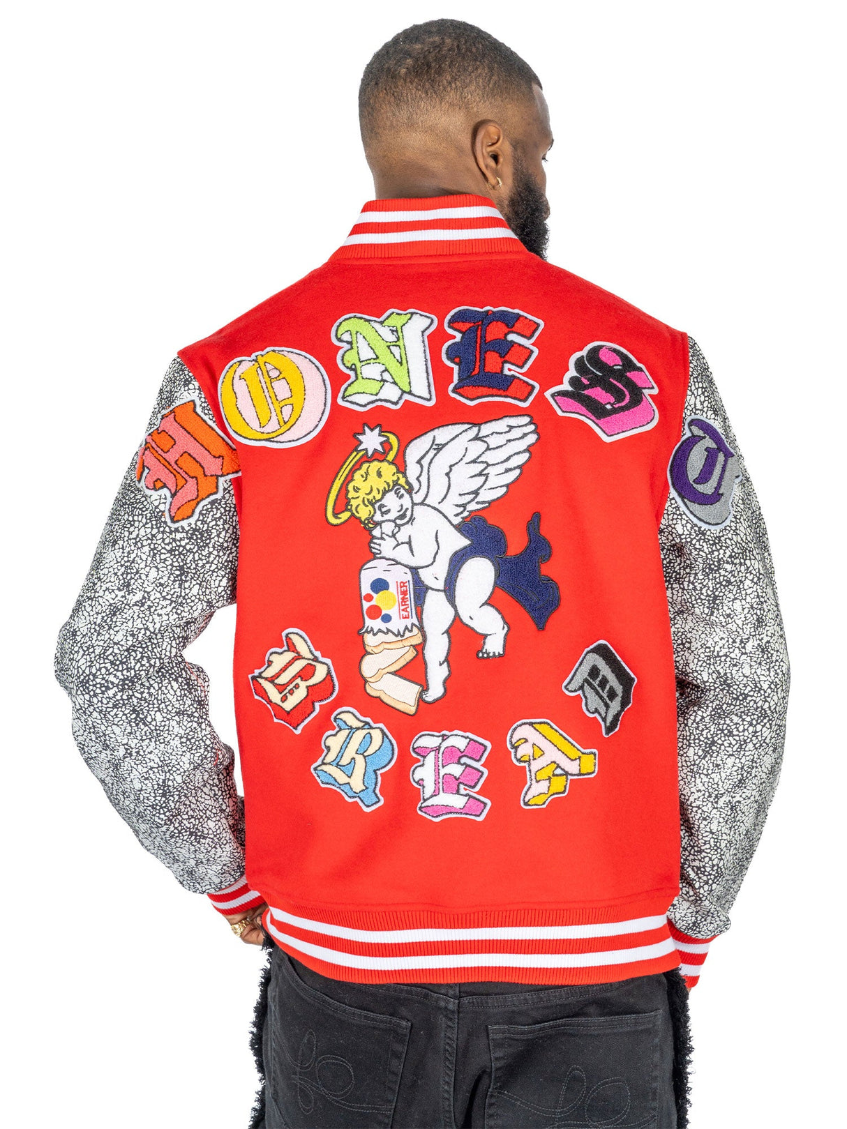 F1080 Honest Bread Wool Varsity Jacket - Red From Makobi Jeans USA
