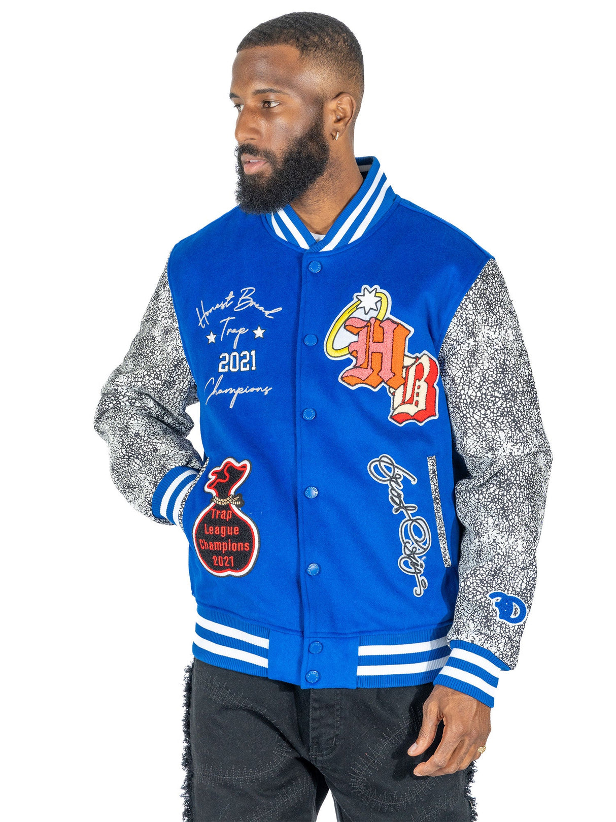 F1080 Honest Bread Wool Varsity Jacket - Royal From Makobi Jeans USA
