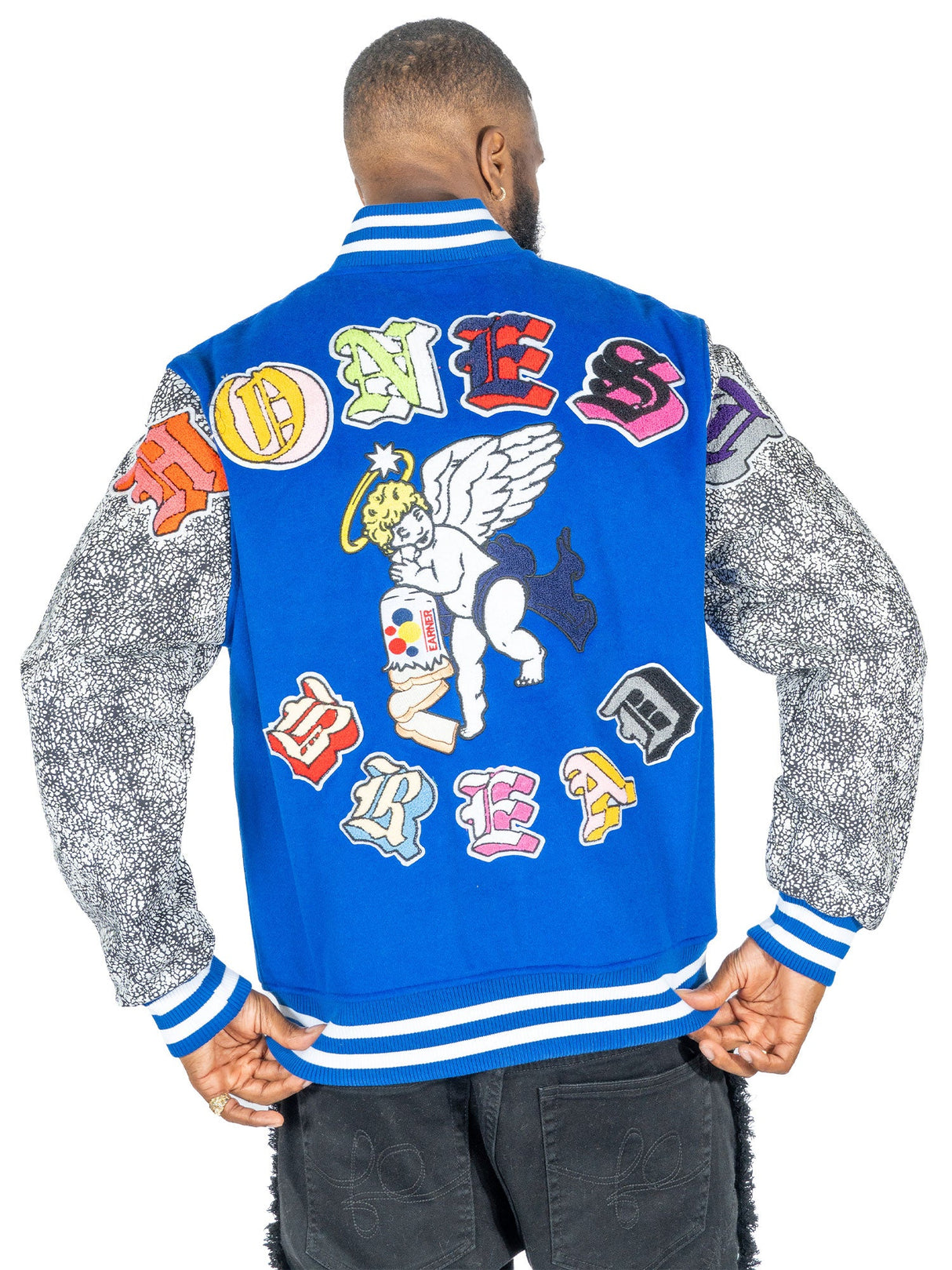 F1080 Honest Bread Wool Varsity Jacket - Royal From Makobi Jeans USA
