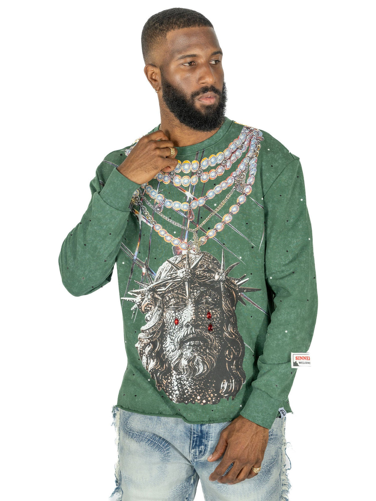 F4121 Sinners Welcome Crewneck Sweatshirt - Green From Makobi Jeans USA