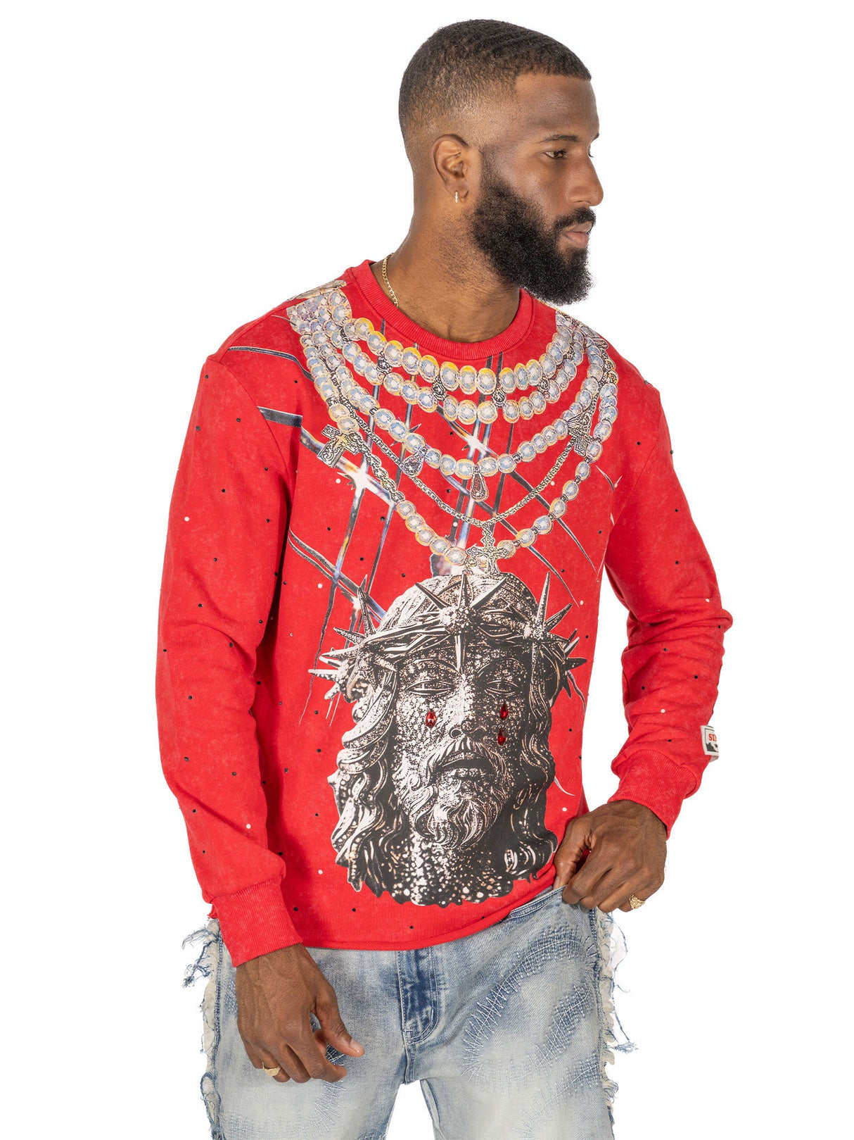 F4121 Sinners Welcome Crewneck Sweatshirt - Red From Makobi Jeans USA