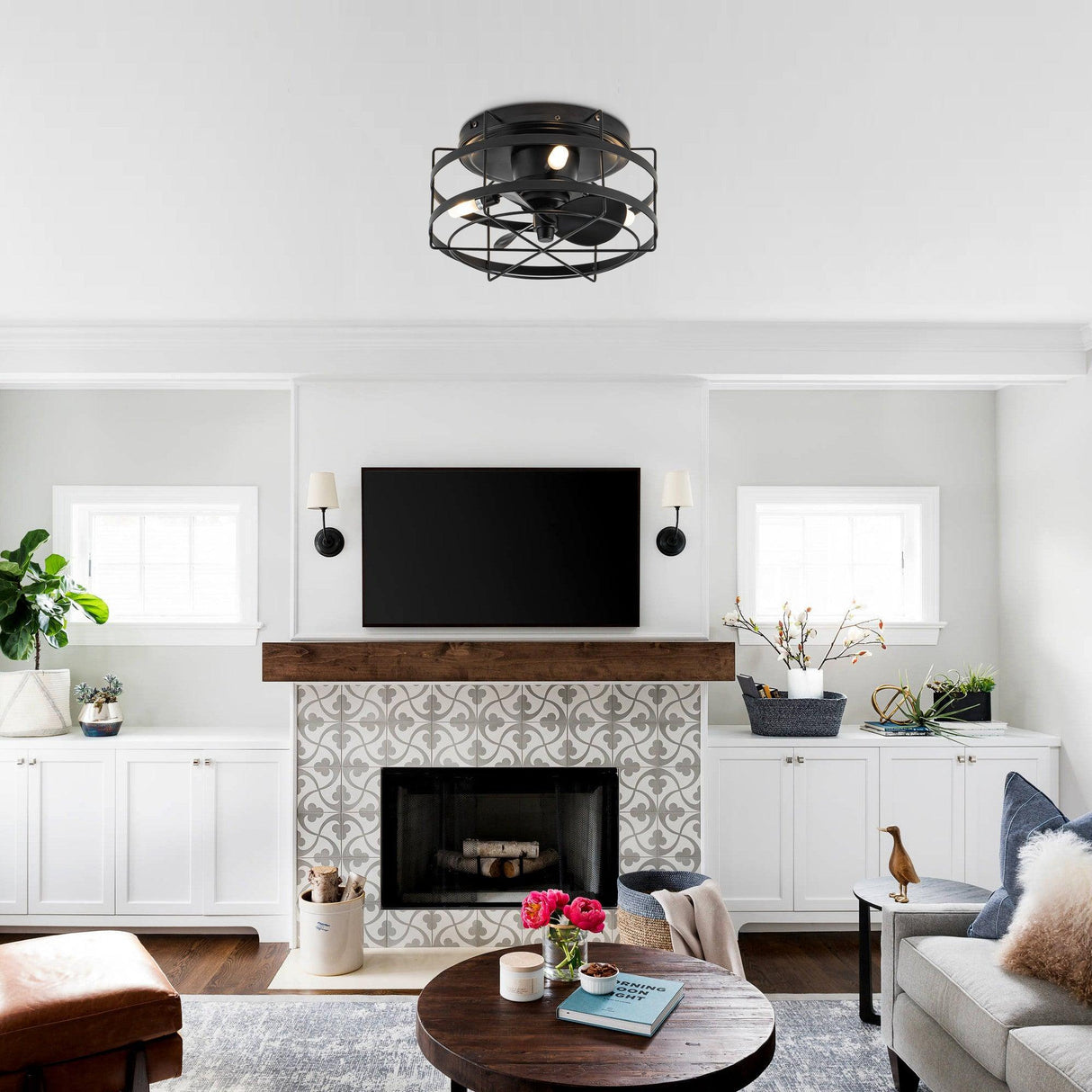 Madurai Farmhouse Flush Mount Reversible Ceiling Fan with Lighting and Remote Control From ParrotUncle