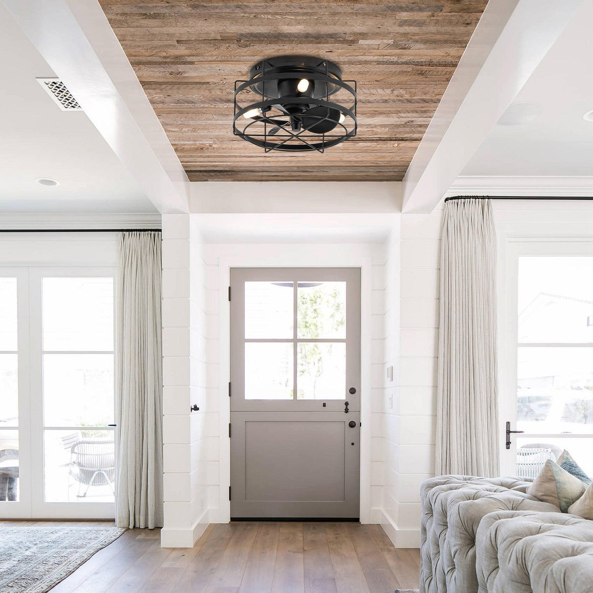 Madurai Farmhouse Flush Mount Reversible Ceiling Fan with Lighting and Remote Control From ParrotUncle