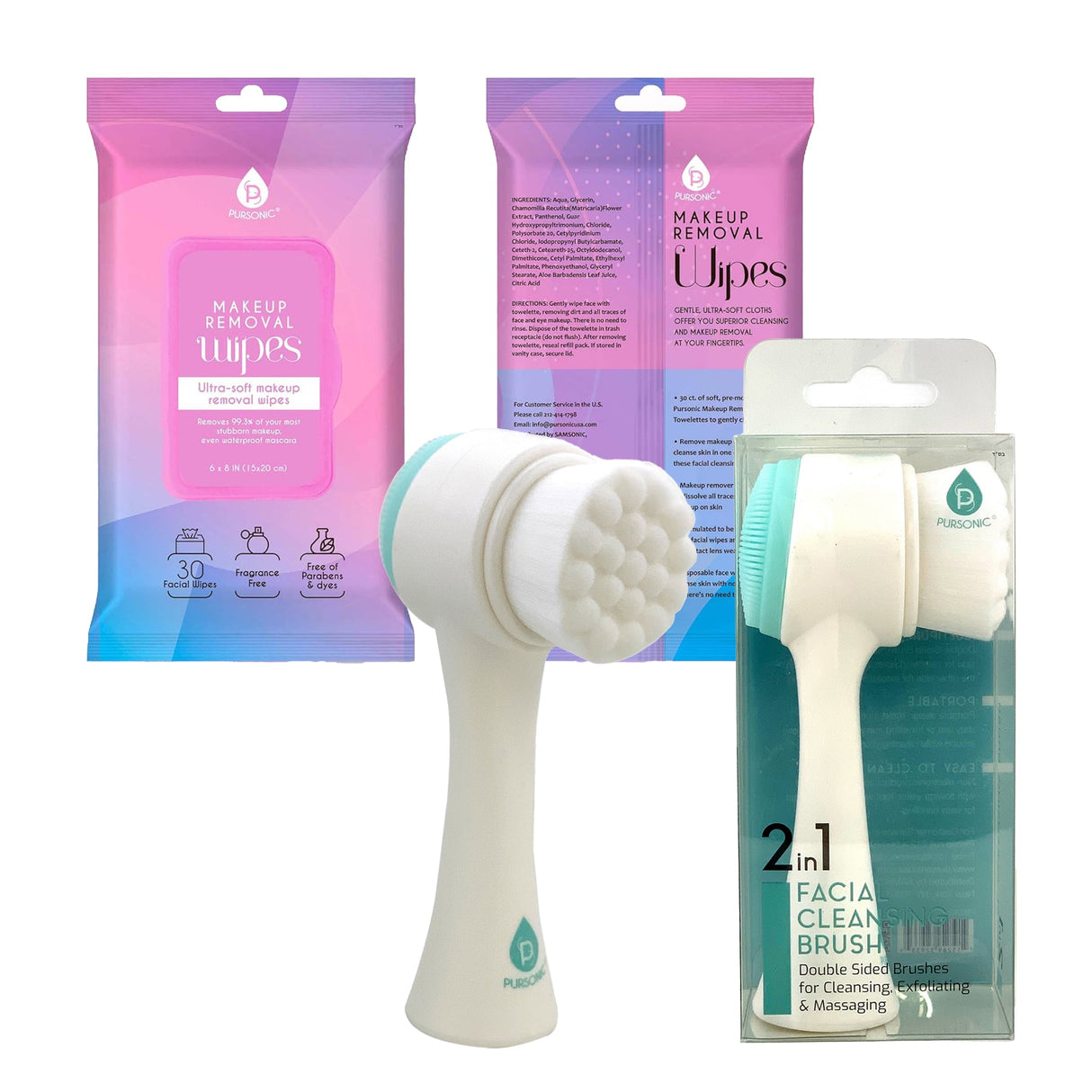 Radiant Beauty Bundle: Dual Sided Facial Cleansing Brush & Makeup Removal Wipes (12 Pack) from Pursonic