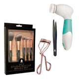 Pursonic Beauty Essentials Bundle - Advanced Facial and Body Cleansing Brush, Studio Makeup Brush Set, Slant Tip Tweezer, and Eyelash Curler from Pursonic