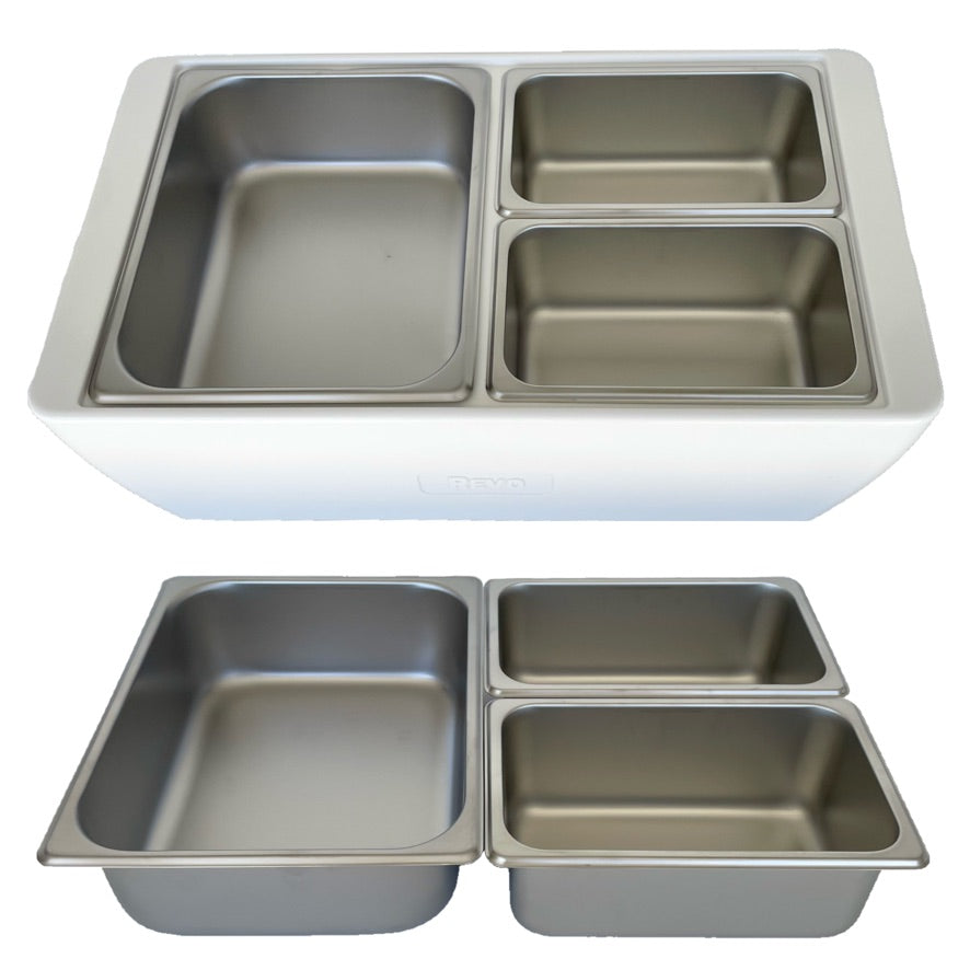 REVO MIX Pan Set | Stainless Steel 4" deep | One 1/2 Size and Two 1/4 size food pans From REVO COOLERS, LLC