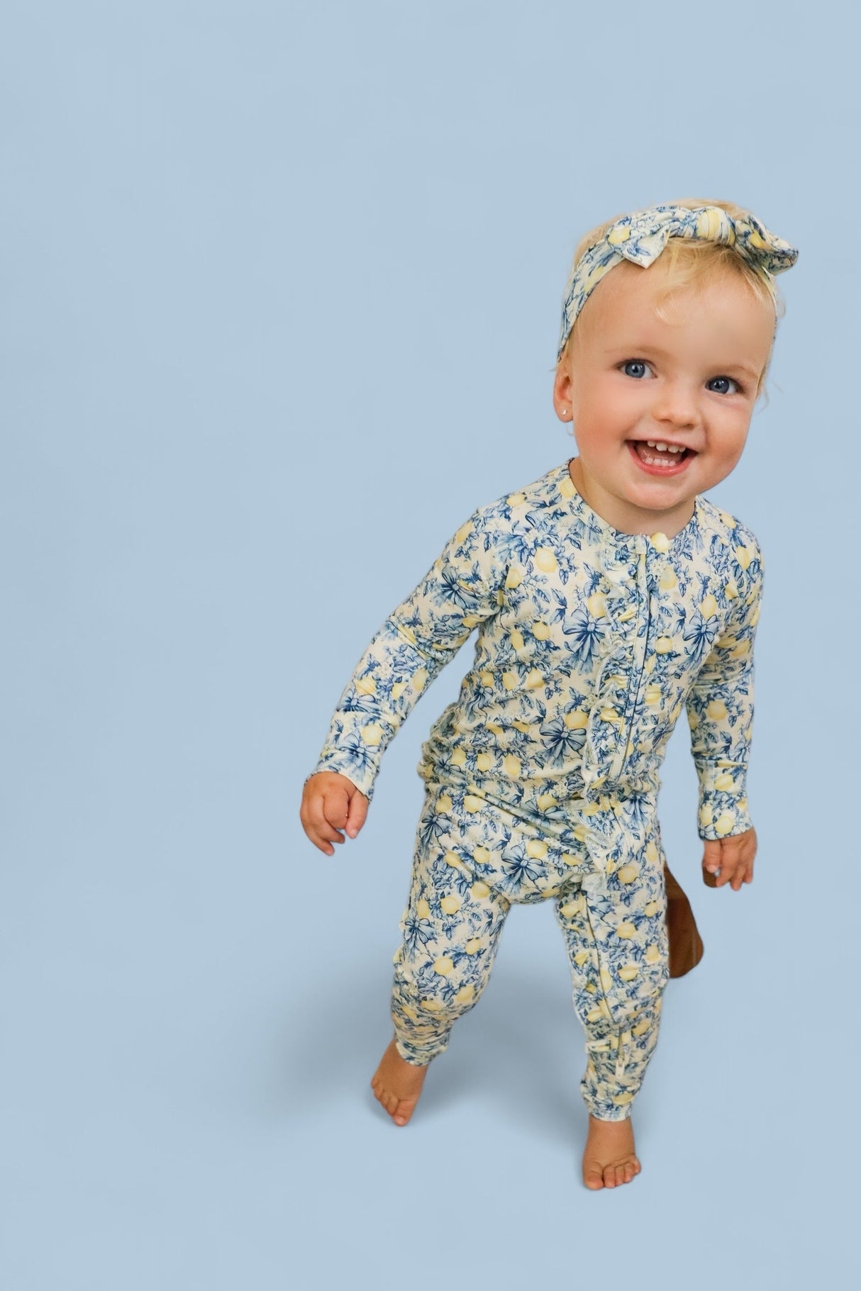VINTAGE CITRUS TOILE DREAM RUFFLE ROMPER from DREAM BIG LITTLE CO