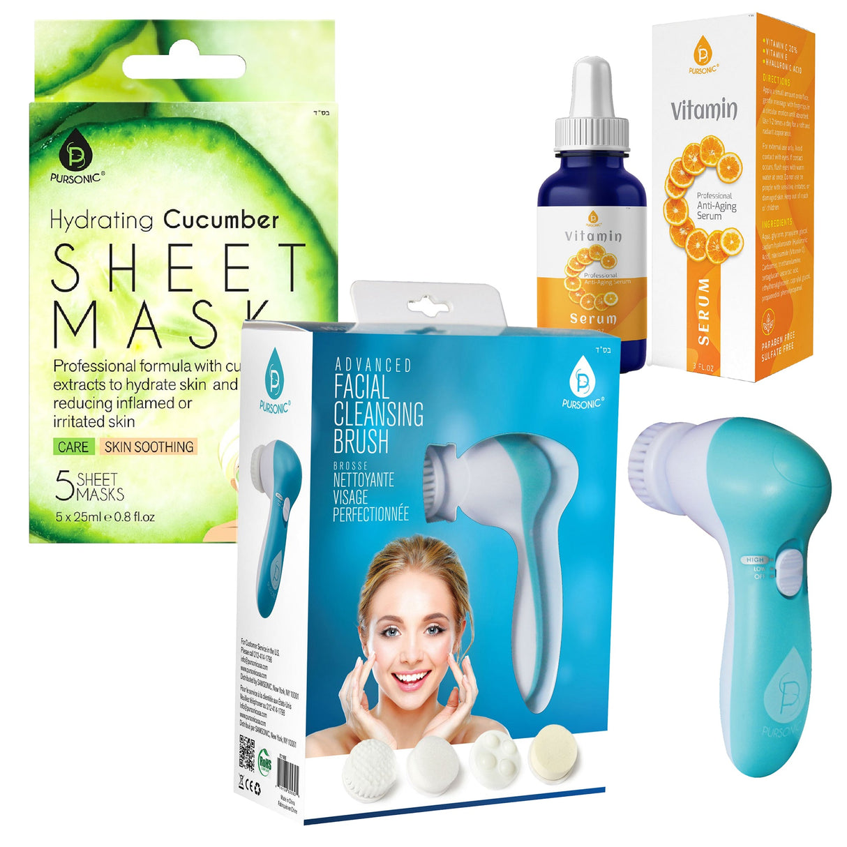 Ultimate Skincare Gift Bundle: Hydrating Cucumber Sheet Masks, Advanced Facial Cleansing Brush, Vitamin C Serum (3 fl. oz) from Pursonic
