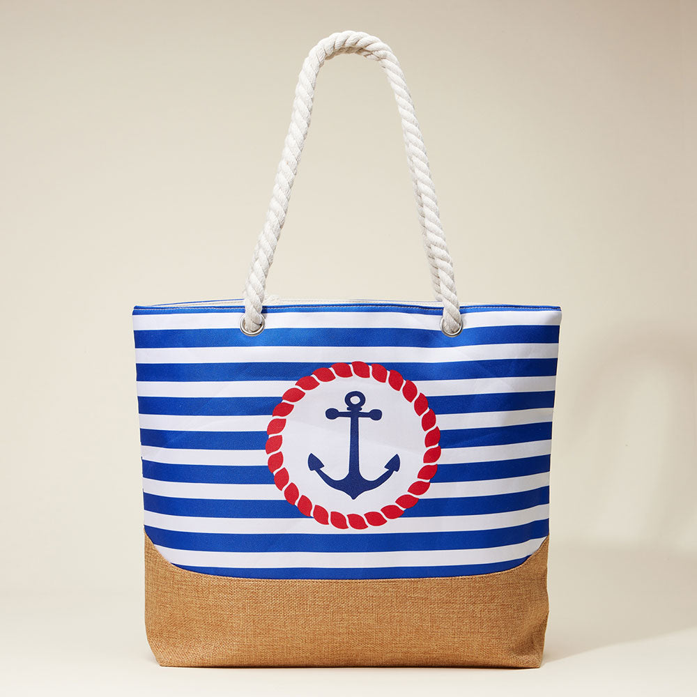 Anchor Printed Striped Rope Handle Beach Tote Bag  from Madeline Love