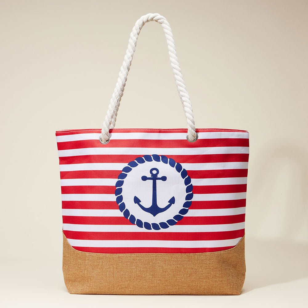 Anchor Printed Striped Rope Handle Beach Tote Bag  from Madeline Love