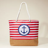 Anchor Printed Striped Rope Handle Beach Tote Bag  from Madeline Love