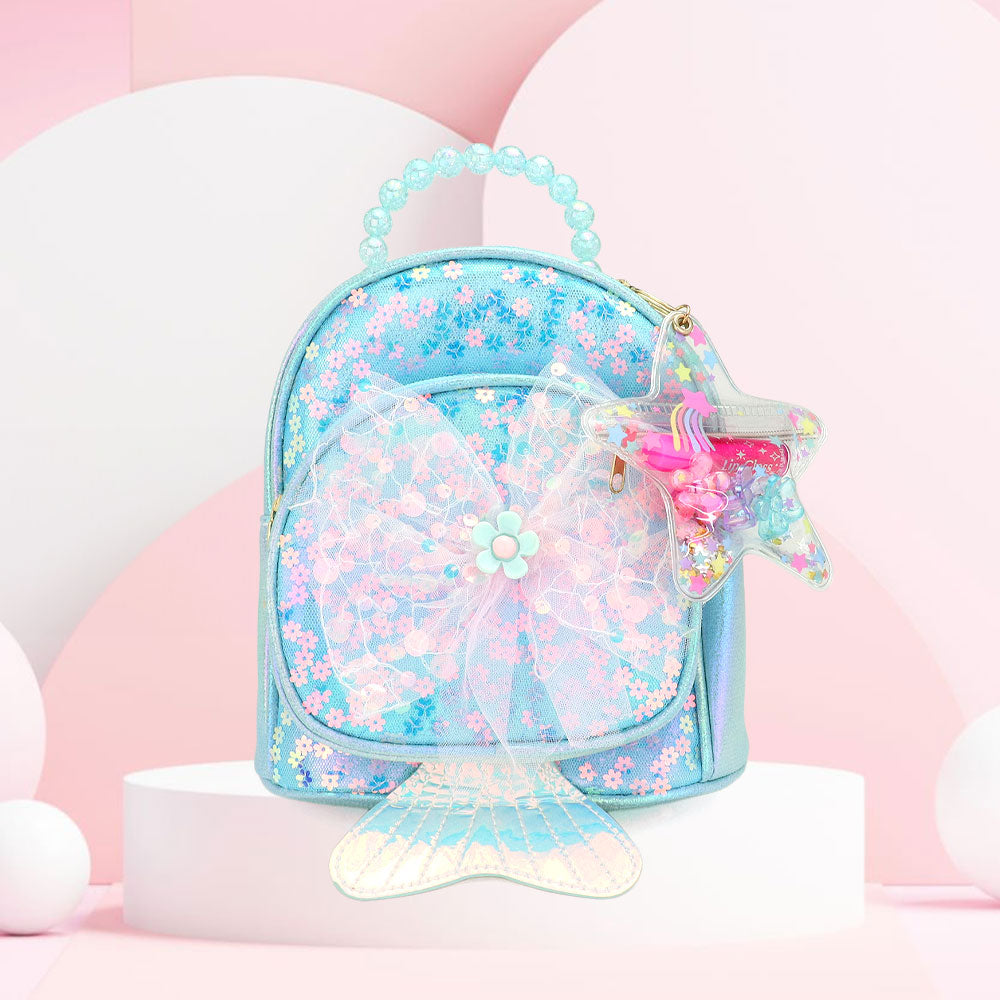 HOT FOCUS - Flower Centered Bow Fish Tail Pointed Flower Sequin Embellished Tiny Mini Backpack with Star Keychain Pouch from Madeline Love