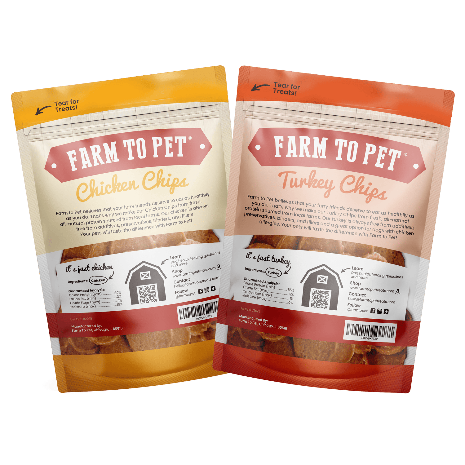 Turkey & Chicken Chip Dog Treat Duo | Single-Ingredient Poultry Treats for Dogs from Farm To Pet