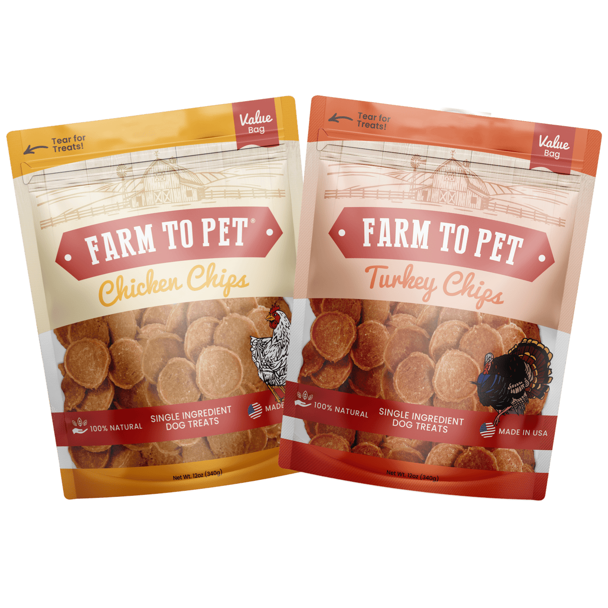 Turkey & Chicken Chip Dog Treat Duo | Single-Ingredient Poultry Treats for Dogs from Farm To Pet