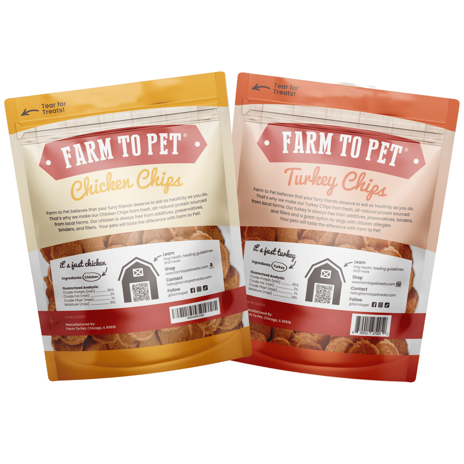 Turkey & Chicken Chip Dog Treat Duo | Single-Ingredient Poultry Treats for Dogs from Farm To Pet