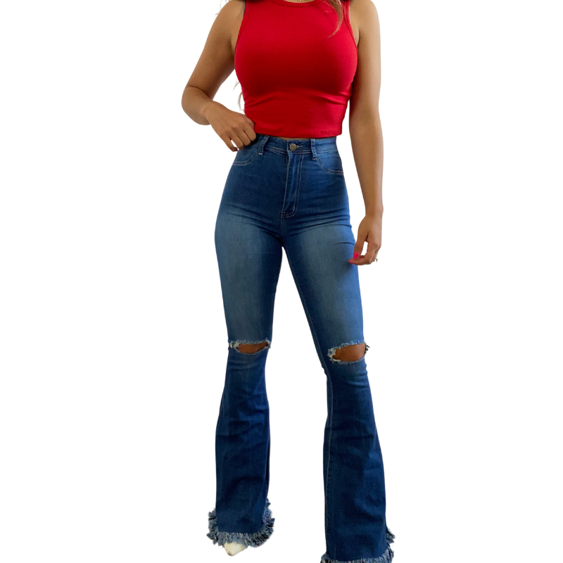 Farrah Denim Distressed High Waisted Flares - Medium Wash From Willow Boutique