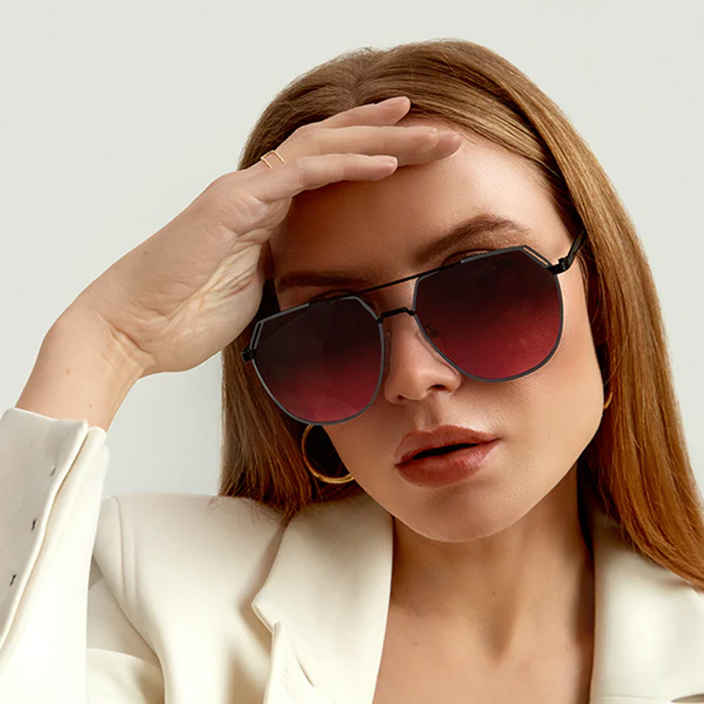 Farrah - Black Frame Ruby Lens Square Aviator Sunglasses from TopFoxx