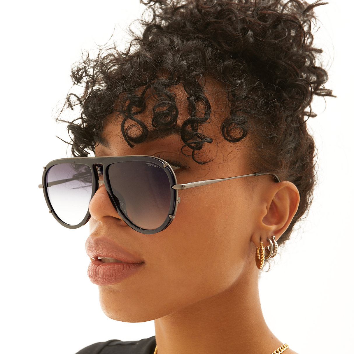 Ivy Luxe - Black Tangle-Free Round Aviator Sunglasses from TopFoxx