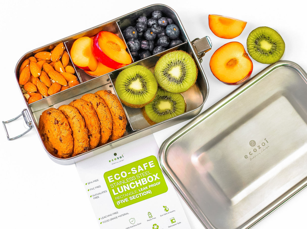 Stainless Steel Lunch Box, 5 Compartment, Leak Proof, 50 Oz from ecozoi