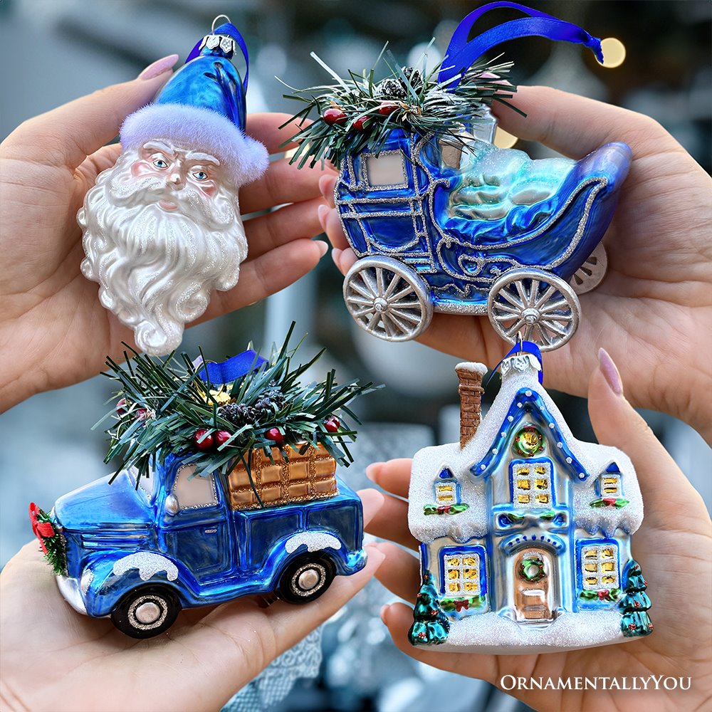 A Marvelous Blue Christmas Set of Four Glass Ornaments with Santa, Truck, Snow Cabin and Sleigh from OrnamentallyYou