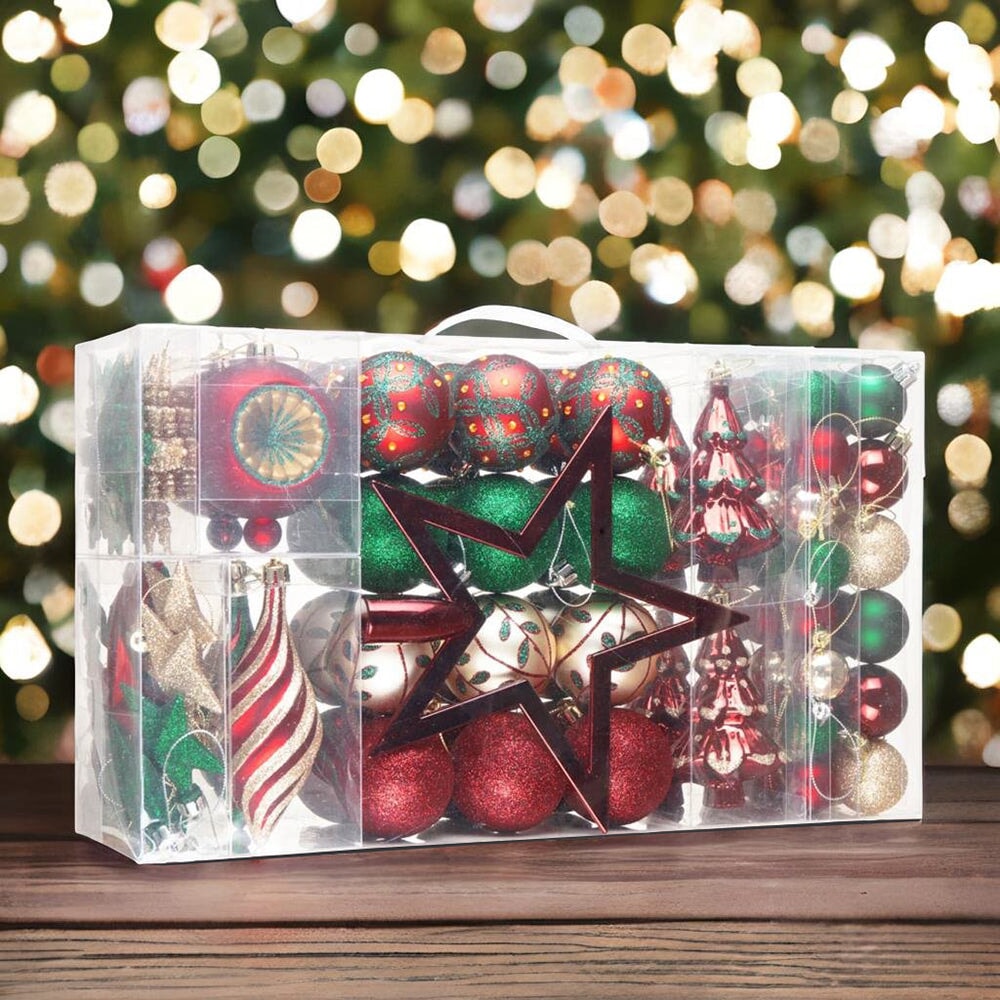 Alluring Large Christmas Ornament Set, Unique Red Green and Gold Baubles, 92 Charms and Snow Covered Trees with Dark Red Tree Topper from OrnamentallyYou