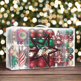 Alluring Large Christmas Ornament Set, Unique Red Green and Gold Baubles, 92 Charms and Snow Covered Trees with Dark Red Tree Topper from OrnamentallyYou
