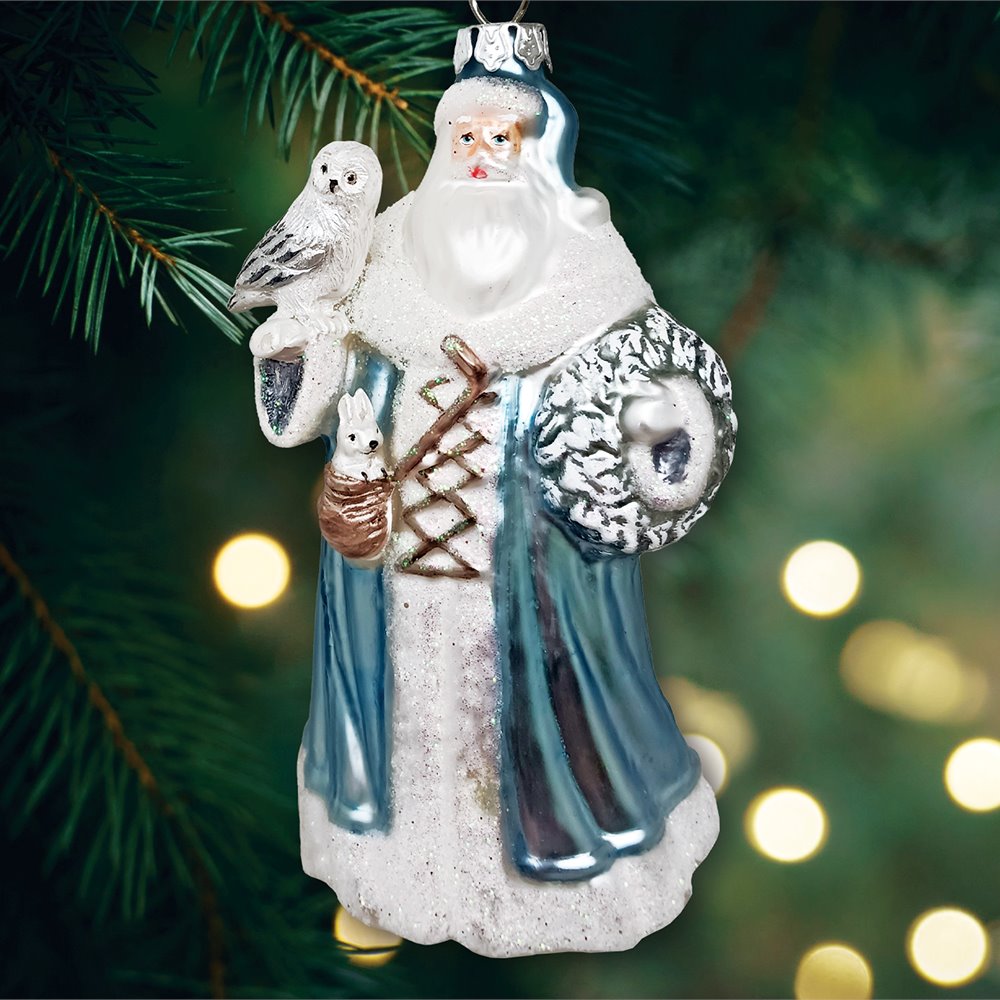 Arctic Whispers Santa Glass Christmas Ornament, Snowy Winter Theme with Light Blue Robe from OrnamentallyYou