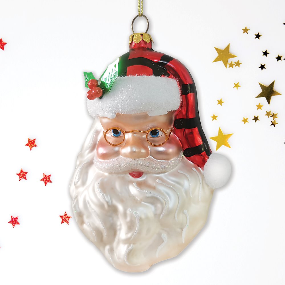 Cheerful Santa Head Sparkling Glass Christmas Ornament from OrnamentallyYou