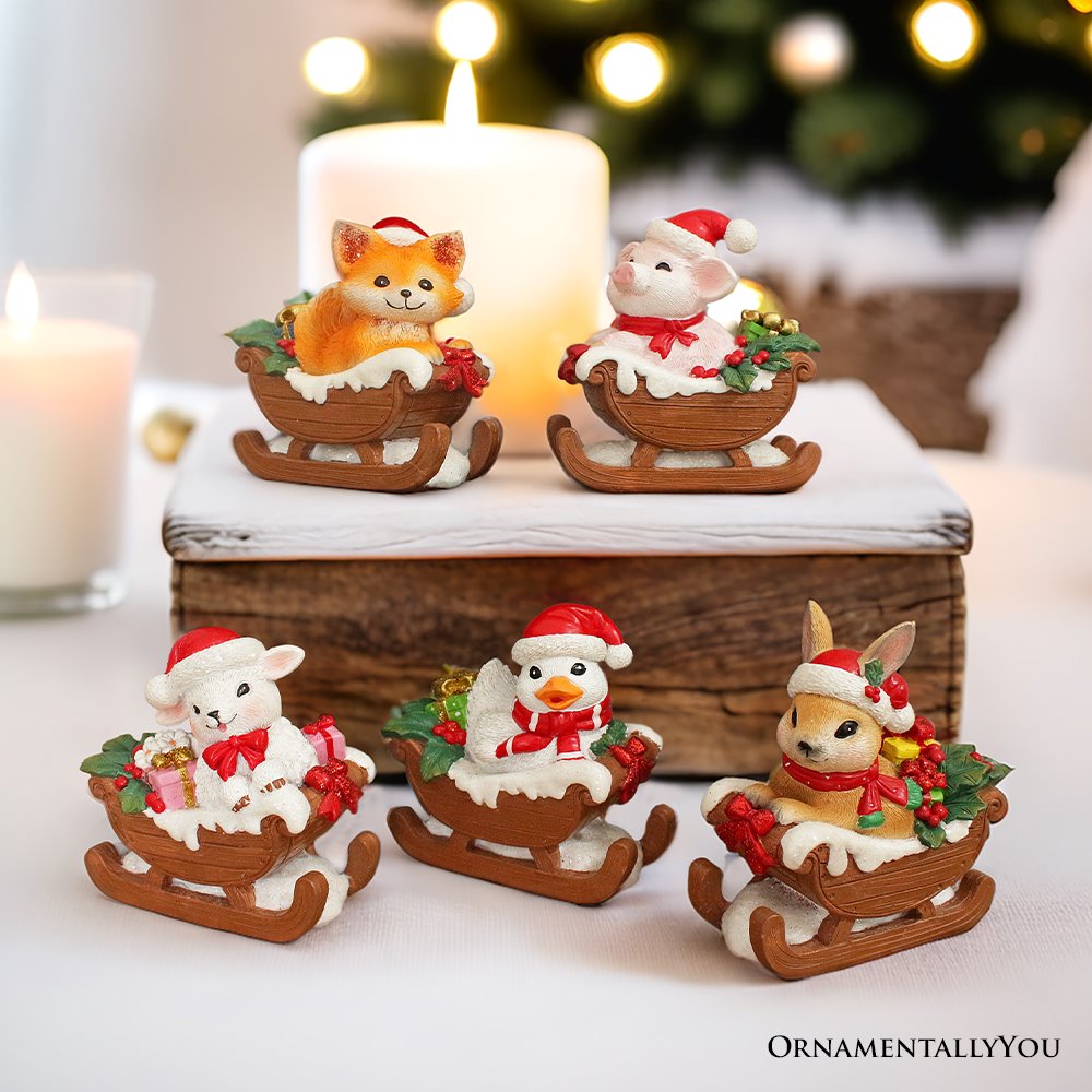 Christmas Critters Animals on Sleighs Set of Five Figurines, 5" Tabletop Holiday Animal Decor with Bunny, Piglet, Duckling, Lamb, and Fox from OrnamentallyYou