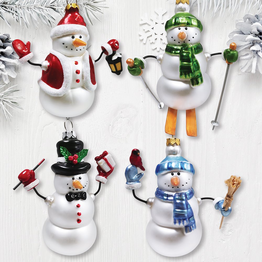 Classic Winter Snowman Set of 4 Glass Christmas Ornaments, Nostalgic Holiday Collection Set from OrnamentallyYou