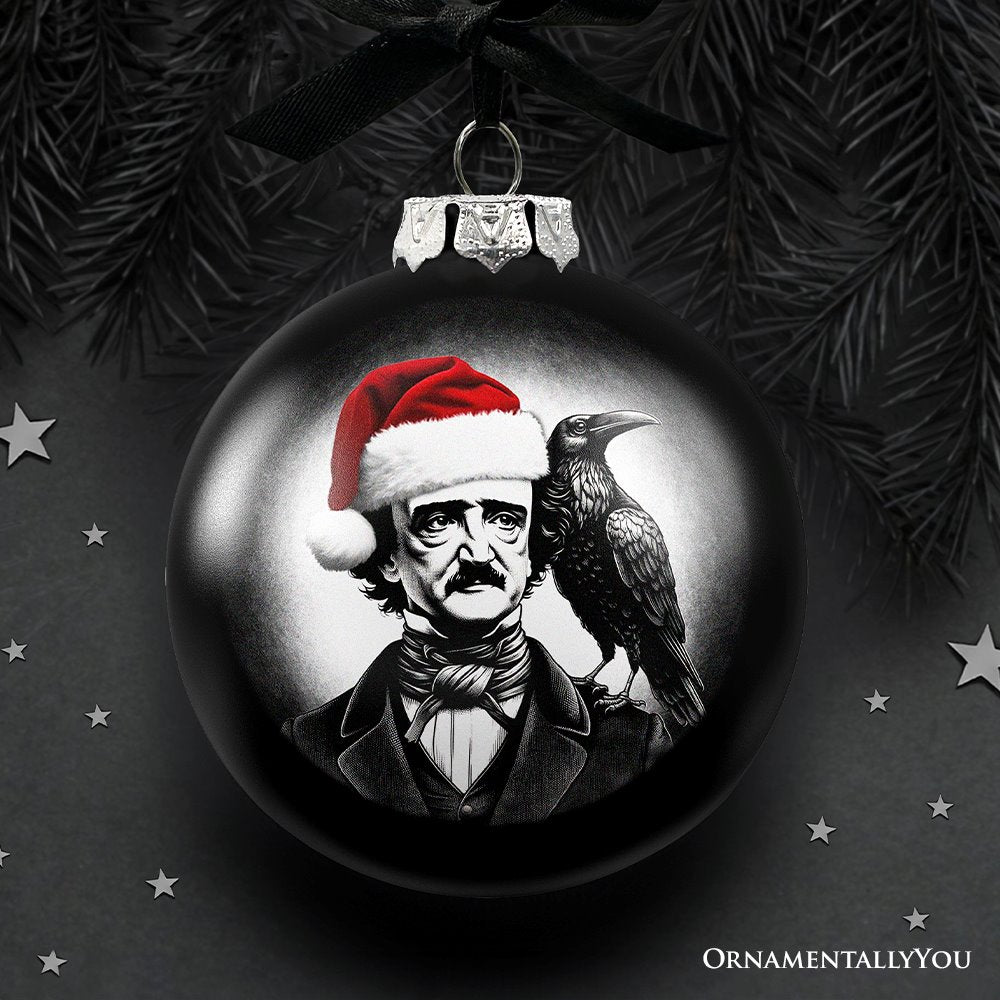 Edgar Allan Poe Spooky Christmas Portrait Glass Ornament, Black Horror Halloween Tree Decoration from OrnamentallyYou