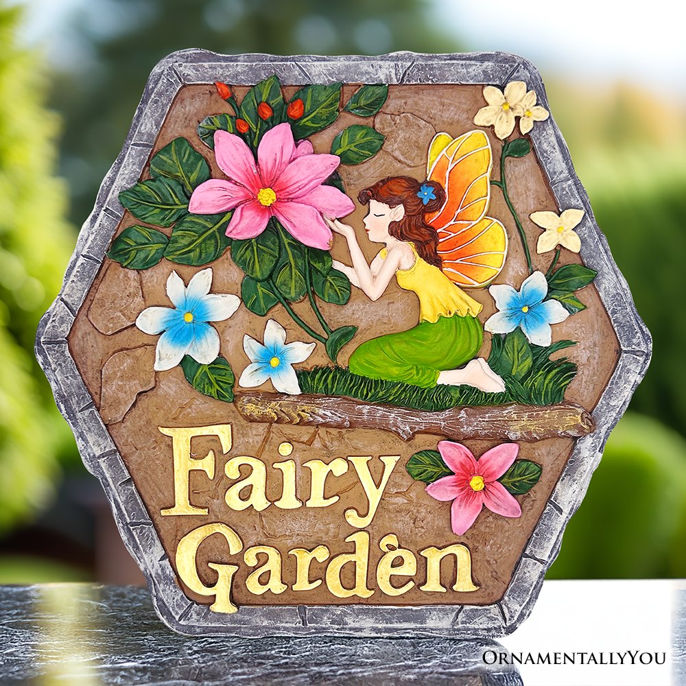 Fairy Kisses and Flowers Garden Stepping Stone, 9.5" Outdoor Decoration Statue from OrnamentallyYou